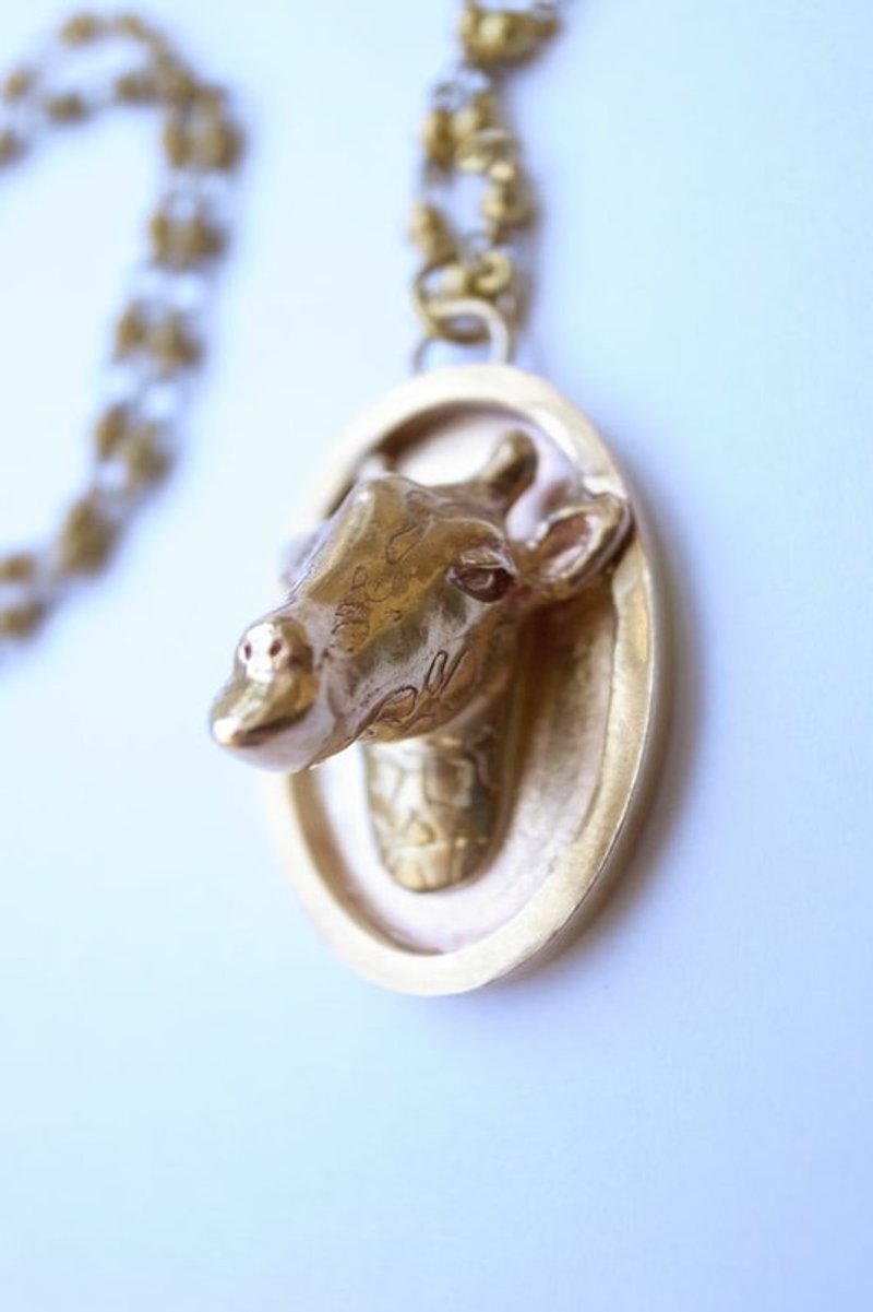 Human Free系列~黄铜啾一下长颈鹿椭圆牌珠珠项炼 - 项链 - 其他金属 