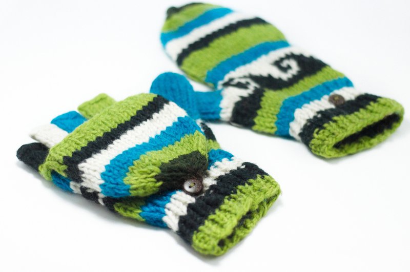 情人节礼物 限量一件针织纯羊毛保暖手套 / 2ways手套 / 露趾手套 / 内刷毛手套 / 针织手套 - 草地与天空图纹 - 手套 - 其他材质 多色