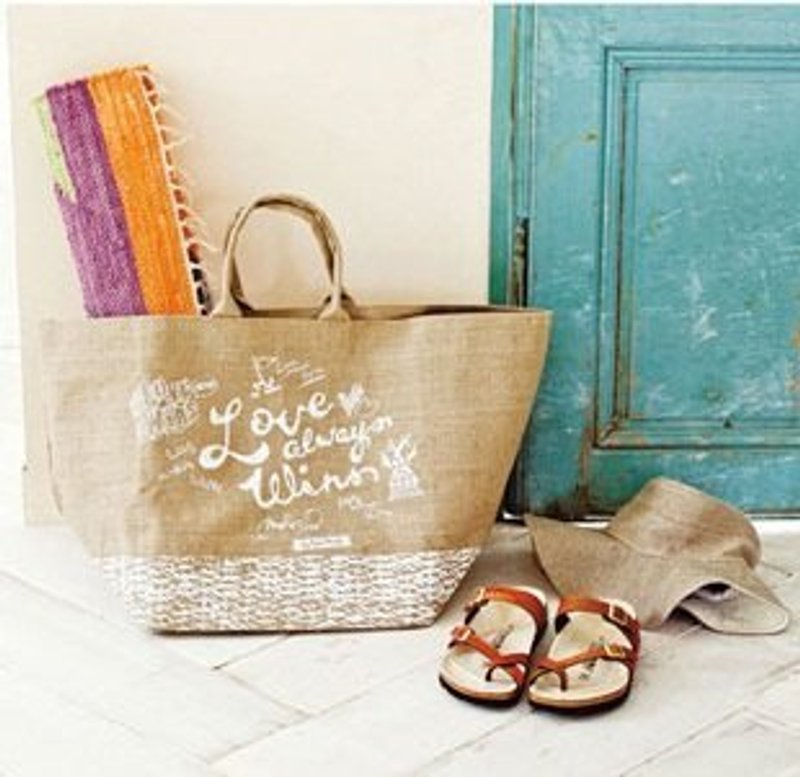 地球树fair trade-“收纳系列”-手编麻LOVE绢印内防水 大提袋/手拿袋/收纳袋 - 摆饰 - 植物．花 白色