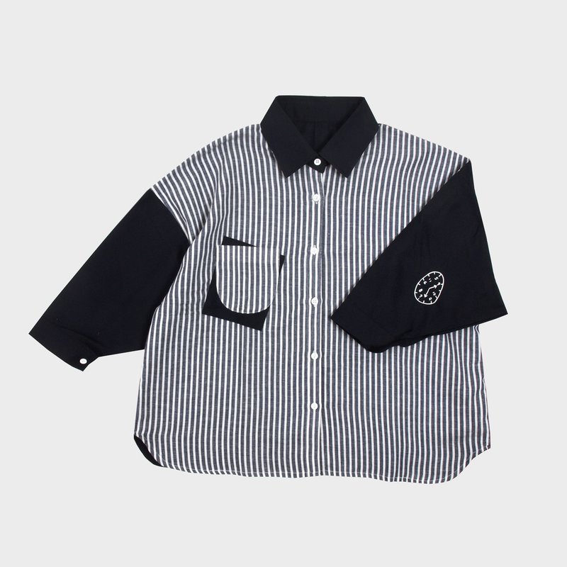 【HEYSUN】时间系列/绢印时钟撞色宽松衬衫-条纹拼接 - 女装衬衫 - 其他材质 黑色