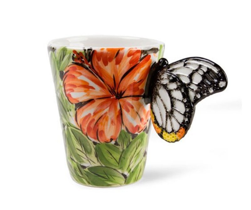 【可刻字的陶瓷马克杯】Blue Witch英国手绘杯 蝴蝶红花 立体刻字陶瓷马克杯 - 咖啡杯/马克杯 - 其他材质 红色