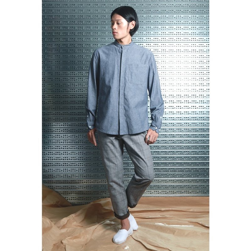 吕- 立领简约衬衫  ( 灰 ) L - 男装衬衫 - 棉．麻 灰色