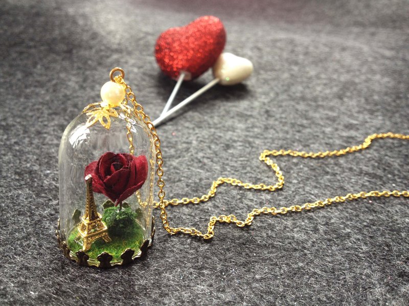 [imykaka] ♥ 情人节Love & Peace 幸福爱 巴黎铁塔 玫瑰花玻璃球项链 - 项链 - 玻璃 红色
