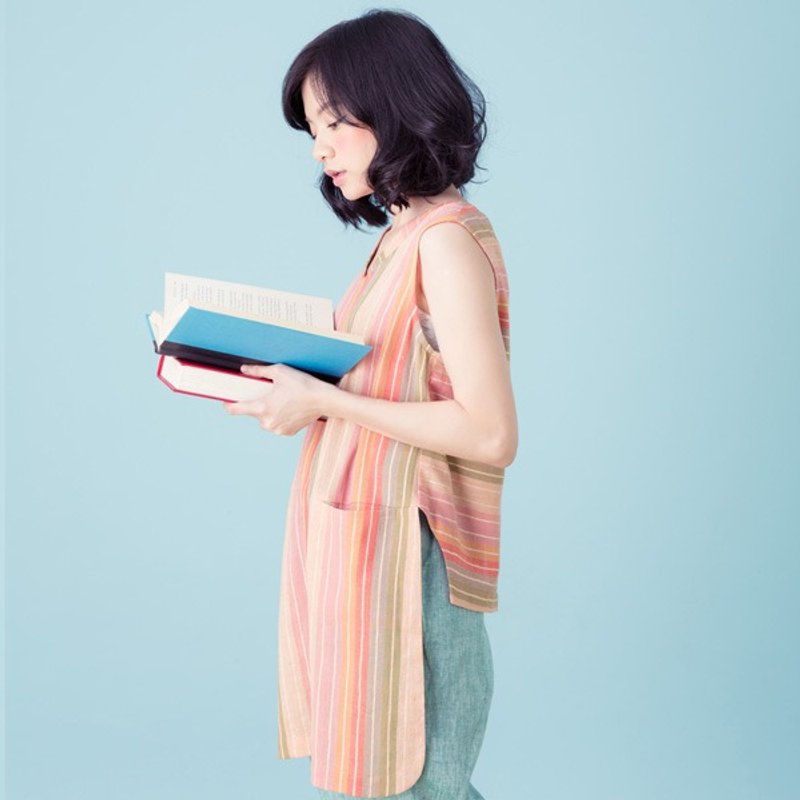 许许儿♪起司野菇条纹围裙造型背心 - 女装上衣 - 其他材质 橘色