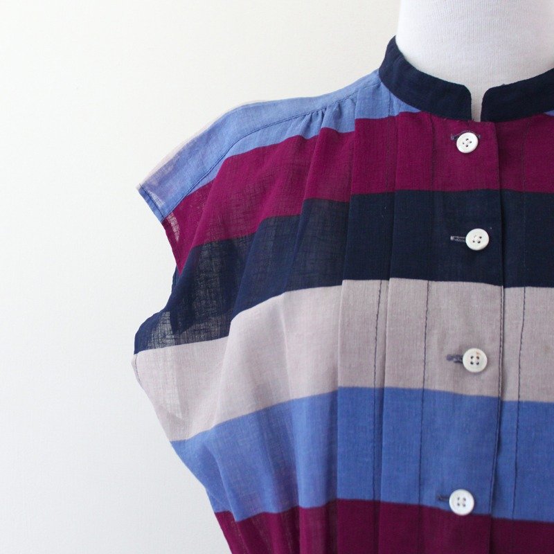 【RE0716D425】蓝紫红可可色条纹宽松短袖古着洋装 - 洋装/连衣裙 - 其他材质 紫色