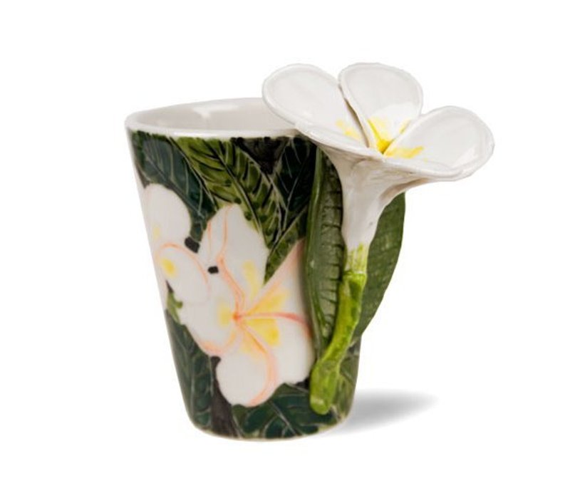 【可刻字的陶瓷马克杯】Blue Witch英国手绘杯 缅栀花 鸡蛋花 Plumeria 立体刻字陶瓷马克杯 - 咖啡杯/马克杯 - 其他材质 绿色