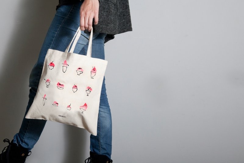 手绘手印 胚布提袋【Ice Bowl】单面图案 手提/肩背 - 侧背包/斜挎包 - 棉．麻 红色