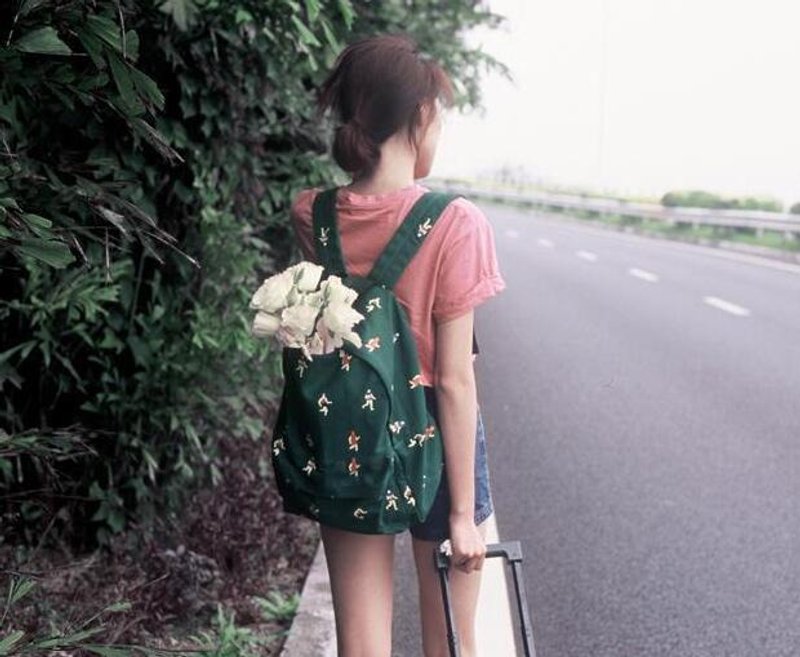 YIZISTORE 印花帆布 双肩包-墨绿跑步 - 后背包/双肩包 - 纸 