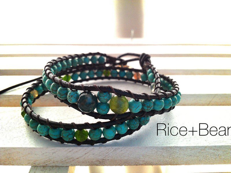 ~米+熊~ 天然石 编织手环 真皮手环 绿松石 七彩石 - 手链/手环 - 其他材质 绿色
