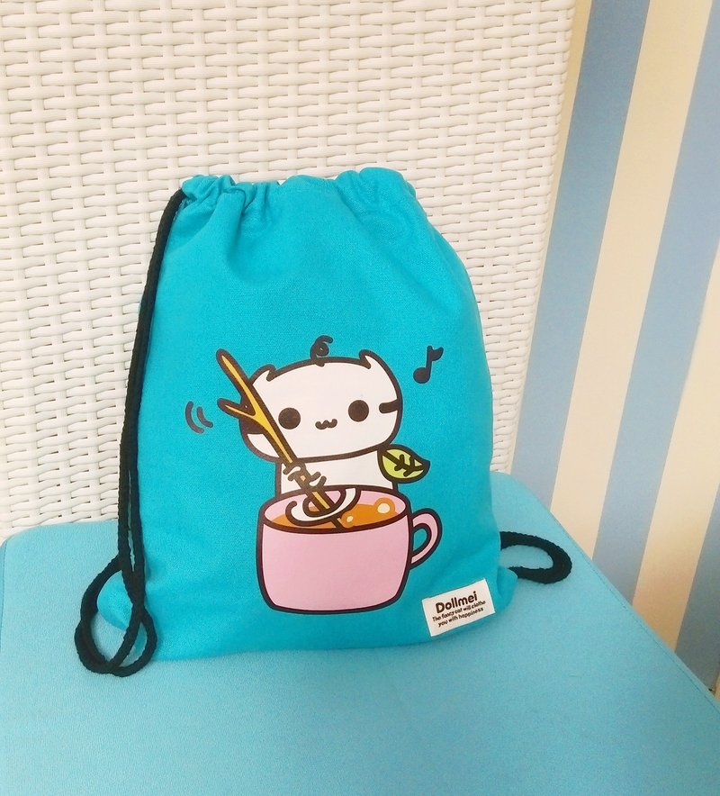 Dollmei 背包_搅动幸福_可爱猫猫 束口包 后背包(蓝色/黑色) - 束口袋双肩包 - 棉．麻 蓝色