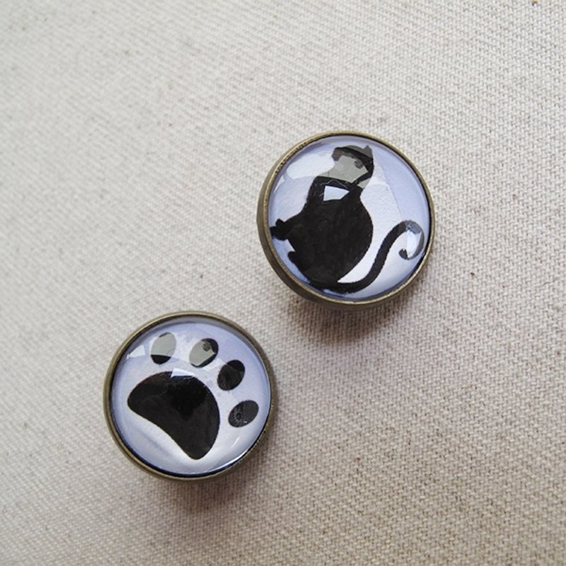 圆形耳夹耳针 - 喵咪+猫掌印~喵 - 耳环/耳夹 - 其他金属 黑色