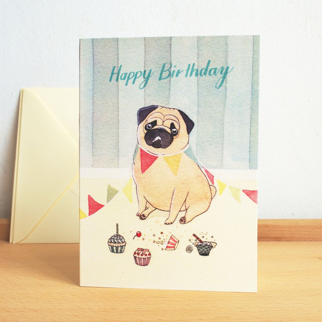 【 生日卡 】贪吃的巴狗 Pug birthday card (连信封) - 卡片/明信片 - 纸 