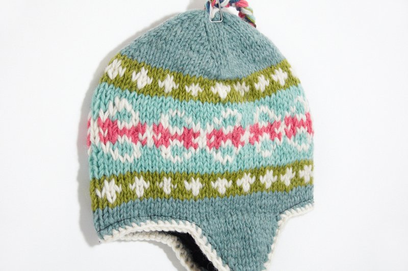 情人节礼物 手工编织纯羊毛帽 / 手工内刷毛毛帽 / 针织毛帽 / 飞行毛帽 / 毛线帽 - 清新森林风民族图案 ( 手工限量一件 ) - 帽子 - 其他材质 多色