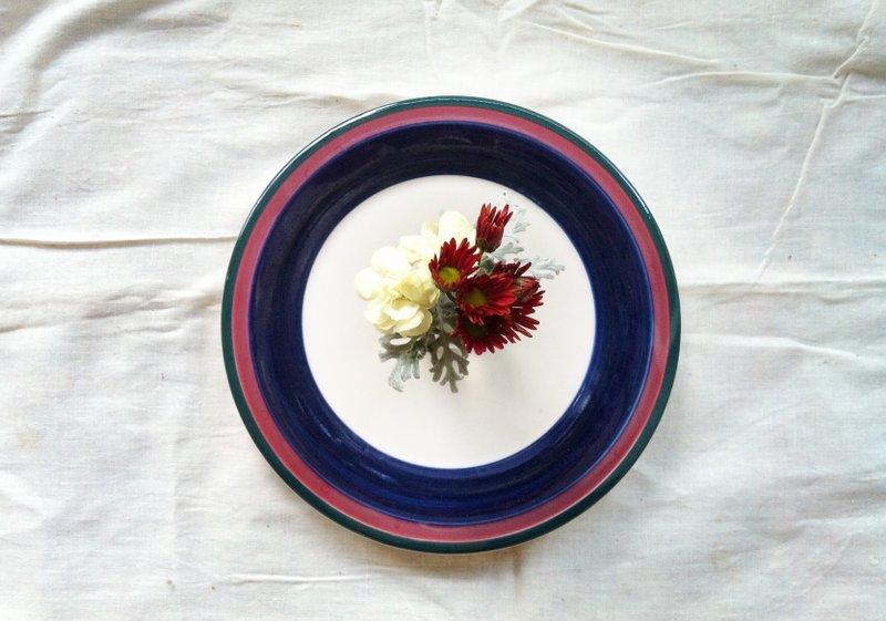 手绘三色几何圈圈圆盘.餐盘.早午餐盘::老件.限量一个.手绘三色同心圆花纹:: - 浅碟/小碟子 - 其他材质 蓝色