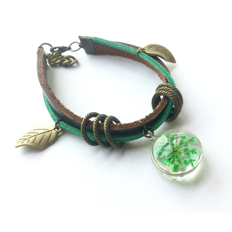 森林系绿叶玻璃押花手绳 - 手链/手环 - 玻璃 绿色
