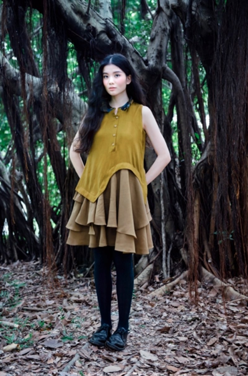 Envol Avec Ning芥末色荷叶摆无袖洋装 - 洋装/连衣裙 - 其他材质 金色