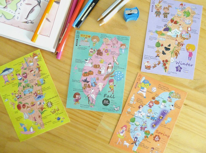 四季游台湾英文版4入 春夏秋冬 明信片 - 卡片/明信片 - 纸 金色
