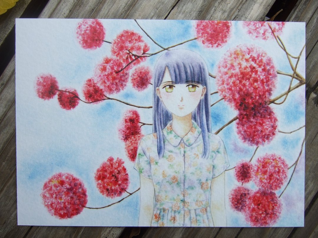 记忆中的洋红 洋红风铃木 少女手绘水彩插画人物画明信片 礼物卡 - 卡片/明信片 - 纸 粉红色