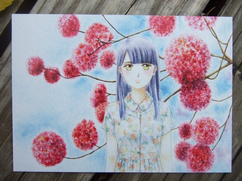 记忆中的洋红 洋红风铃木 少女手绘水彩插画人物画明信片 礼物卡 - 卡片/明信片 - 纸 粉红色
