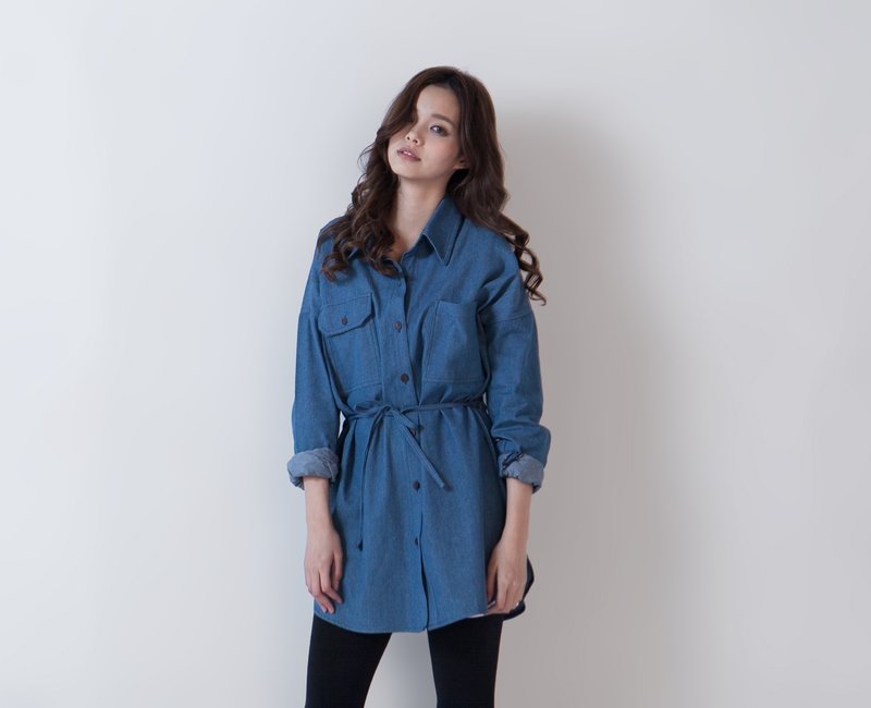 ◆ SUMI PLUS+手作系列_宽长版绑带束腰衬衫◆3AF051_丹宁色 - 女装衬衫 - 棉．麻 蓝色