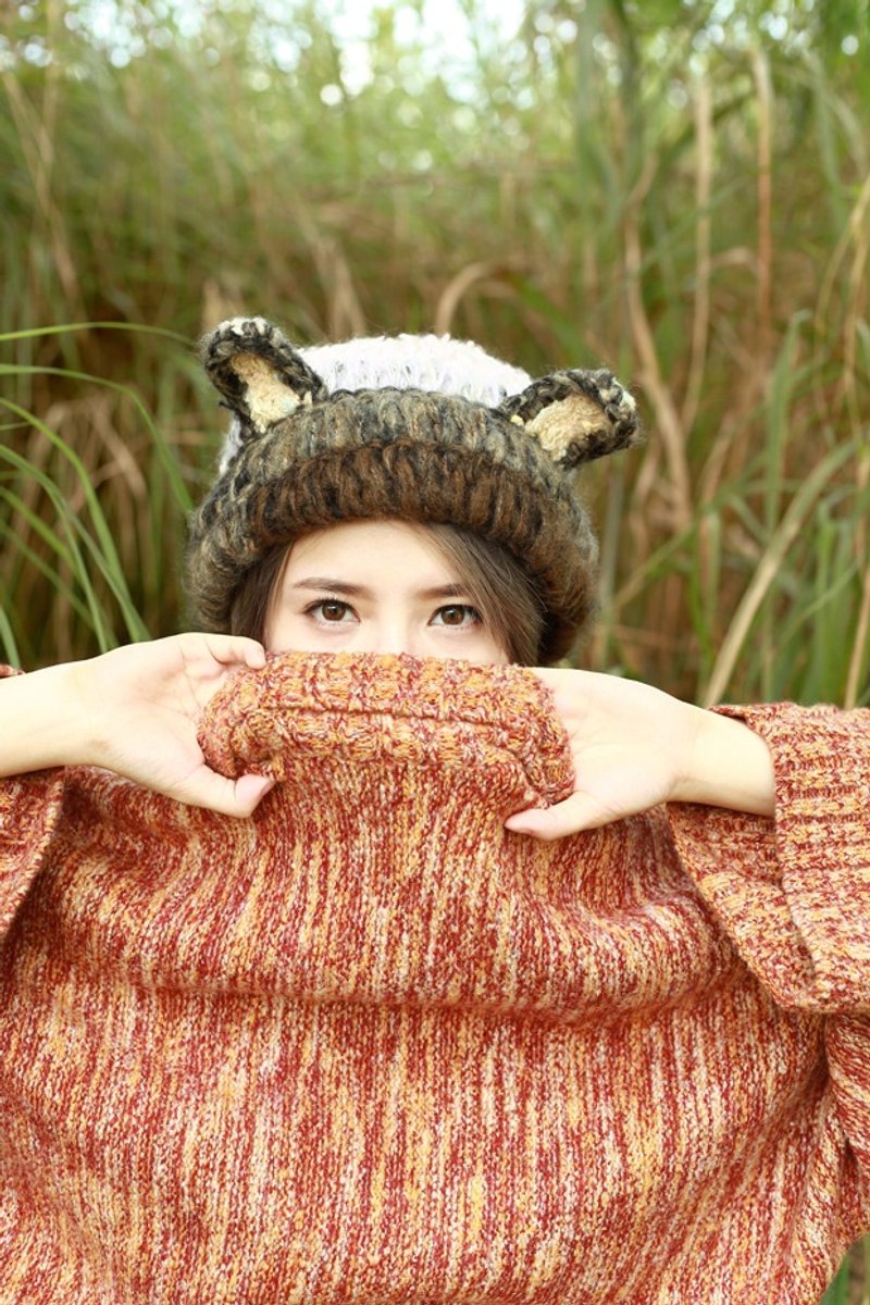 MR.STORE 梦幻冰淇淋色系翻边小兔耳朵毛线帽子 - 帽子 - 其他材质 咖啡色