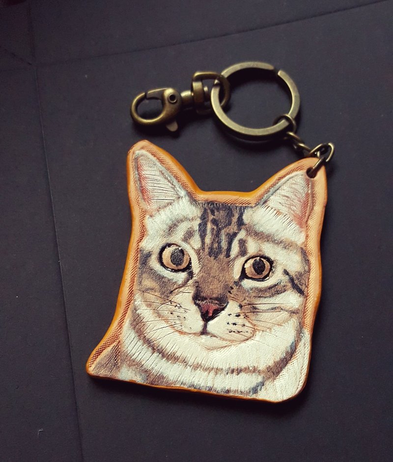 专属定制宠物半身像猫咪纯牛皮钥匙圈- (订做情人、生日送礼) - 吊饰 - 真皮 金色