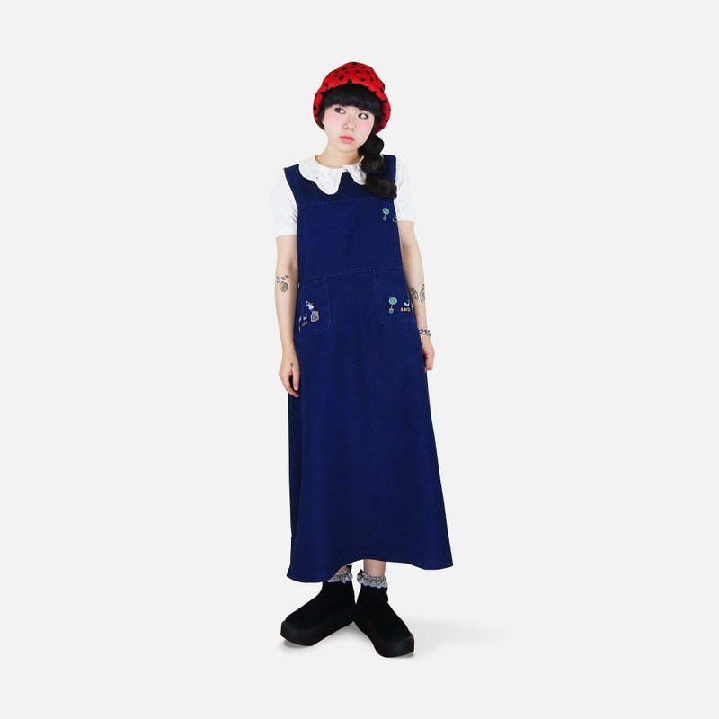 A·PRANK :DOLLY :: 古着VINTAGE深蓝刺绣图案无袖背心洋装(腰两侧附腰带) - 洋装/连衣裙 - 其他材质 蓝色