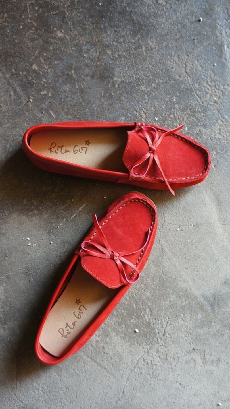 Soft 平底鞋(大红+蝴蝶结) - 女款休闲鞋 - 真皮 红色