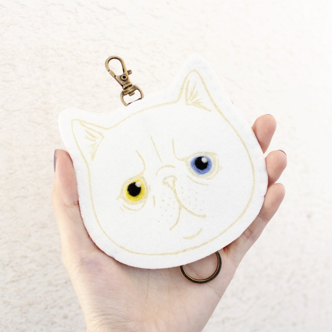 Cat-猫咪系列-羊毛毡钥匙包Key sets/羊毛毡钥匙套 <<White Cat扁脸猫-白猫>>羊毛毡gogoro钥匙套 - 钥匙链/钥匙包 - 羊毛 白色