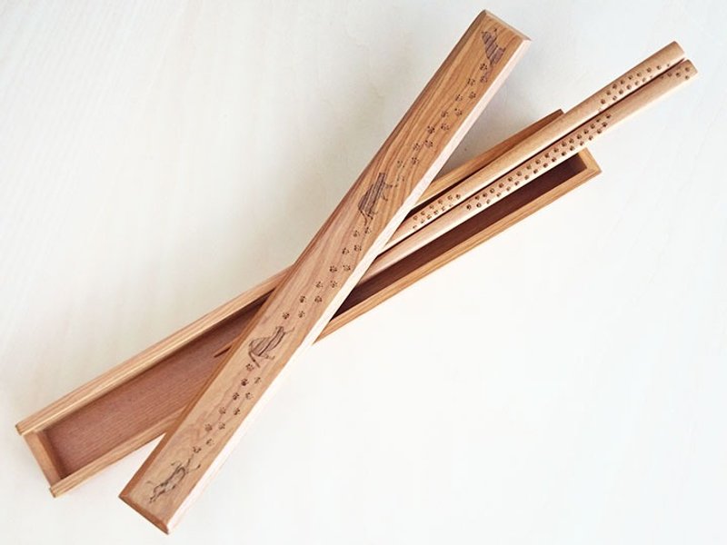 猫咪与肉球脚印 木筷 & 筷盒组 杉木 - 筷子/筷架 - 木头 咖啡色