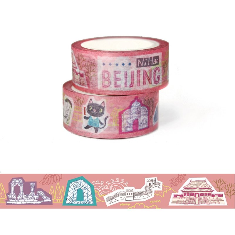 和纸胶带 : 飞游城市系列  黑猫兄弟游中国北京 - 纸胶带 - 纸 粉红色