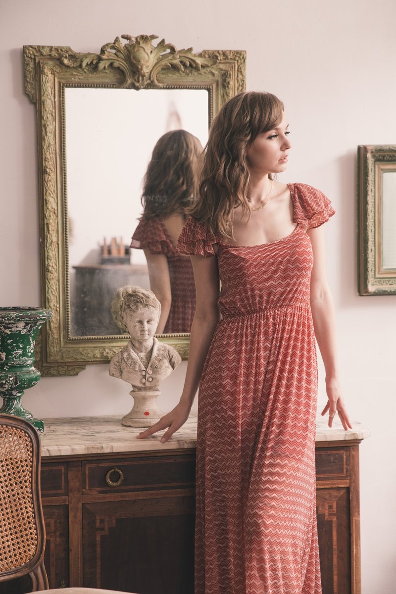 Kan's 双层蝴蝶袖弹性透气长洋装 (橘) - 洋装/连衣裙 - 其他材质 橘色