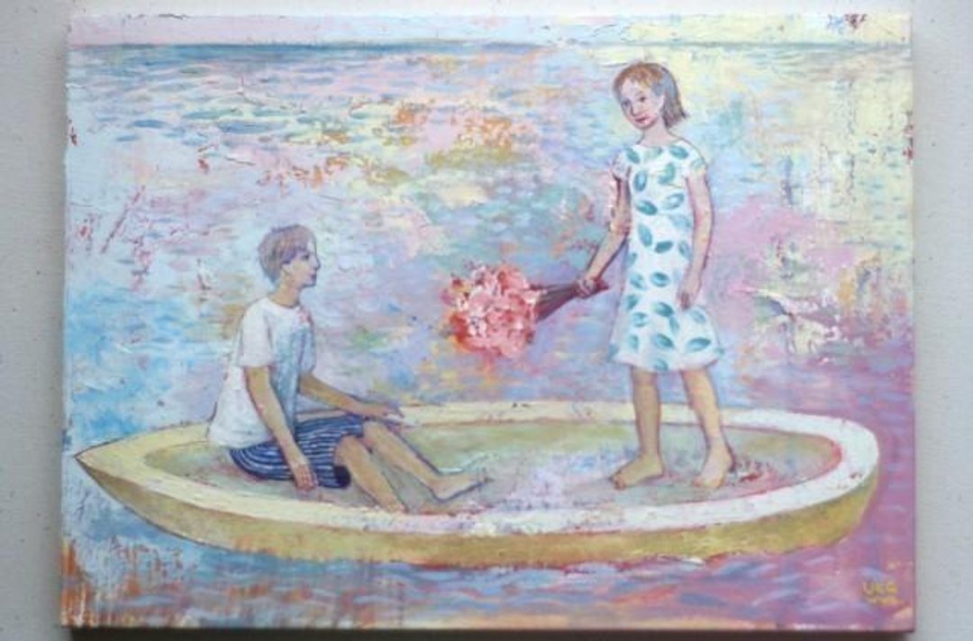Spring boat  original painting - 画框/相框 - 纸 粉红色