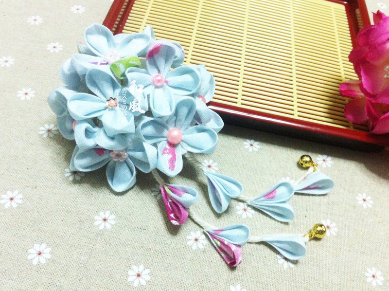 布艺订造 日系手工头花 繍球花发簪 森女复古和风簪子 新娘 和服 浴衣 COS配饰 - 发饰 - 其他材质 蓝色