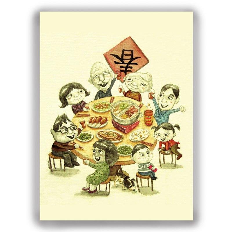 新年-手绘插画万用卡贺年卡/明信片/卡片/插画卡-年夜饭 团圆饭 - 卡片/明信片 - 纸 金色