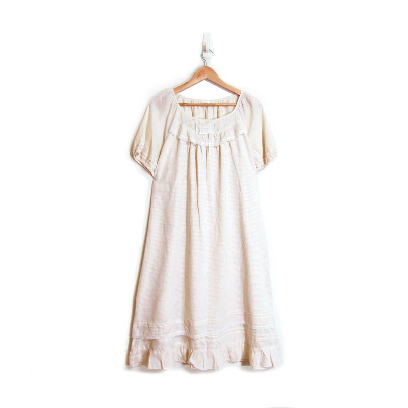 【蛋植物古着】梦的呢喃蕾丝降落伞格子古着洋装 - 洋装/连衣裙 - 棉．麻 白色