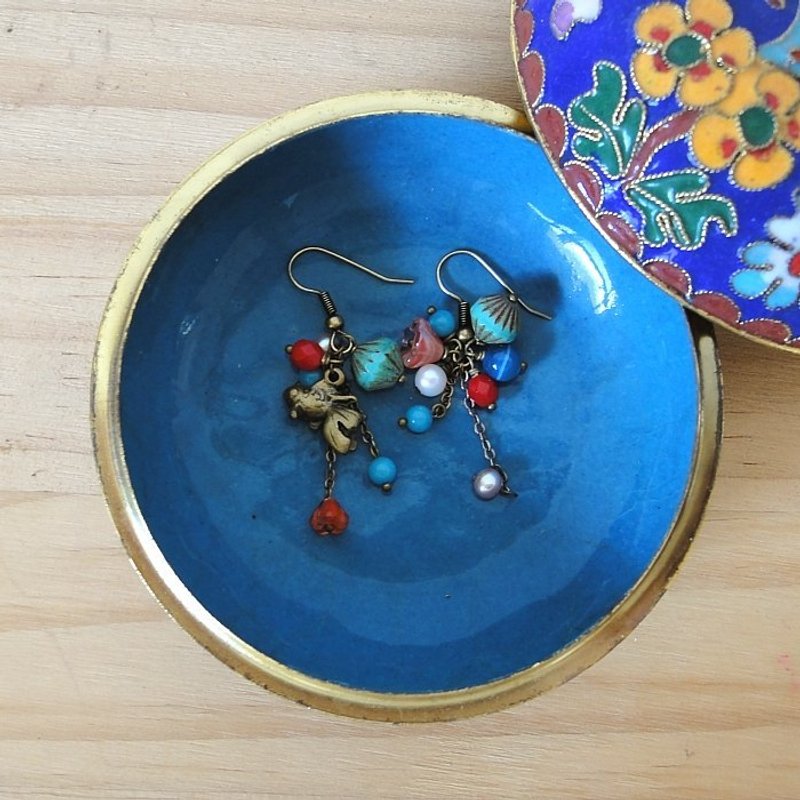 {KPC0044}中国风小金鱼耳环-青蓝\绯红 - 耳环/耳夹 - 宝石 蓝色