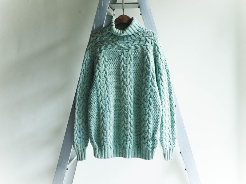 河水山 - 丸子的恋爱青苹果季节 半立体织纹 古董羊呢毛质上衣 古着 毛衣 vintage oversize - 女装针织衫/毛衣 - 羊毛 绿色