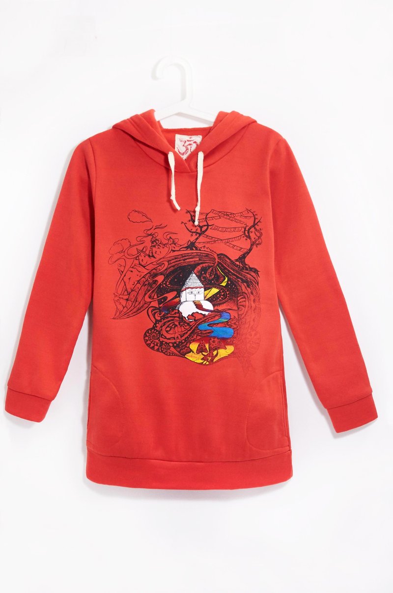 手感连帽内刷毛长版上衣 - 奔走在尼泊尔雪山(亮橘) - 中性连帽卫衣/T 恤 - 棉．麻 橘色