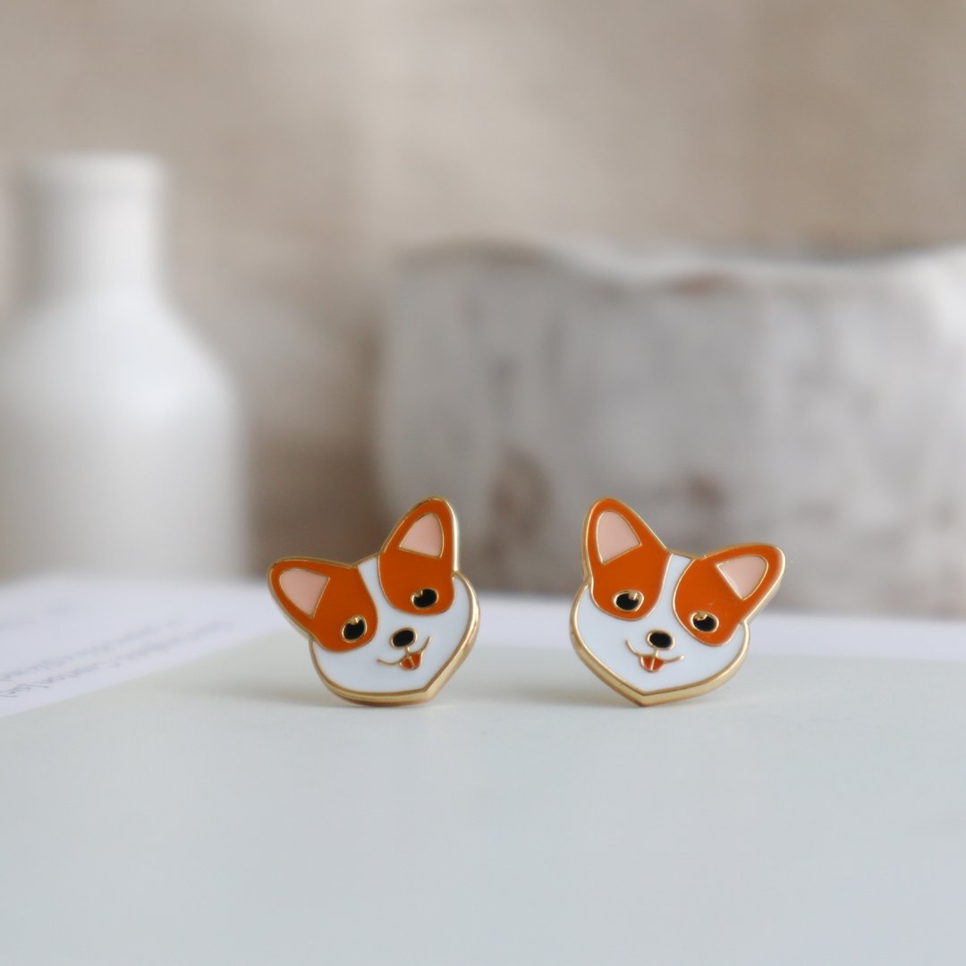柯基 Corgi  夹式 耳环 - 耳环/耳夹 - 珐琅 咖啡色