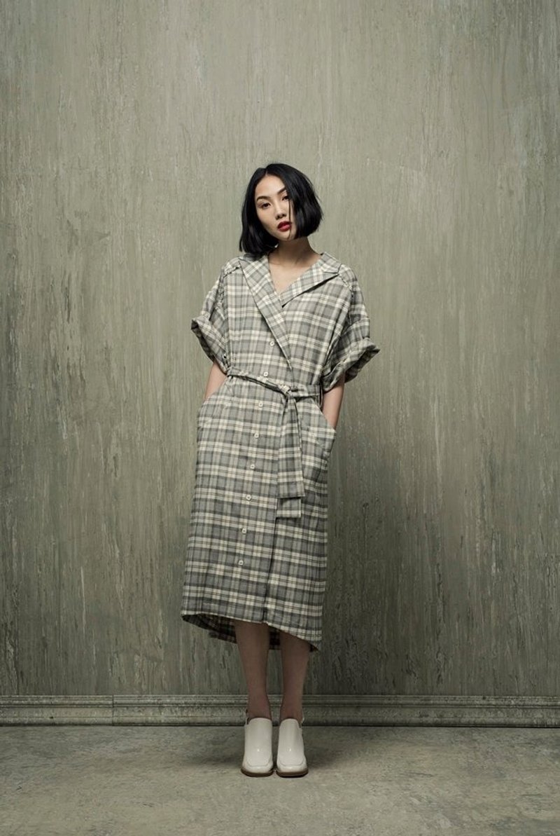 格子洋装(灰白) - 洋装/连衣裙 - 其他材质 灰色