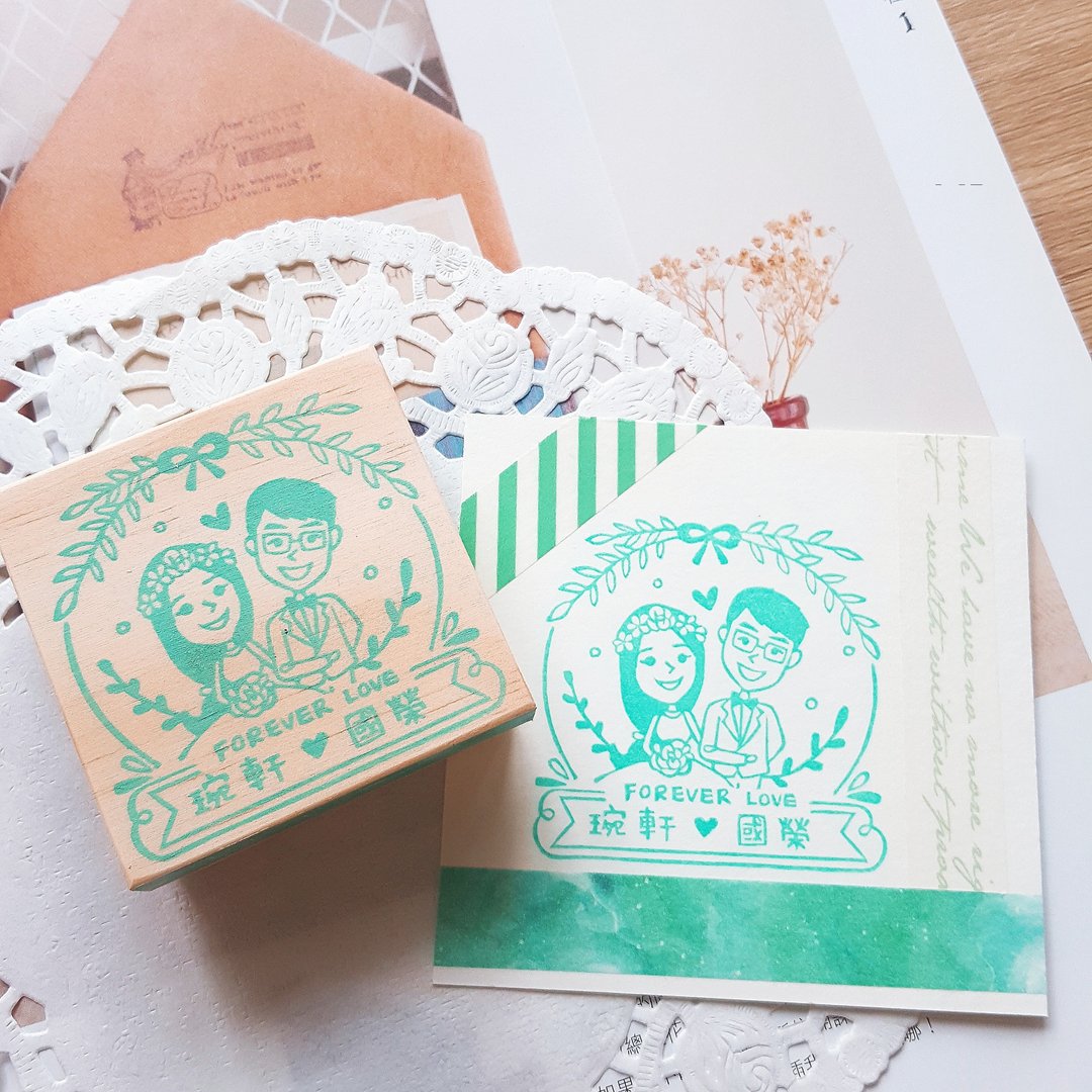 手工橡皮章－月桂树下的约定婚礼章 6X6cm - 喜帖 - 橡胶 绿色