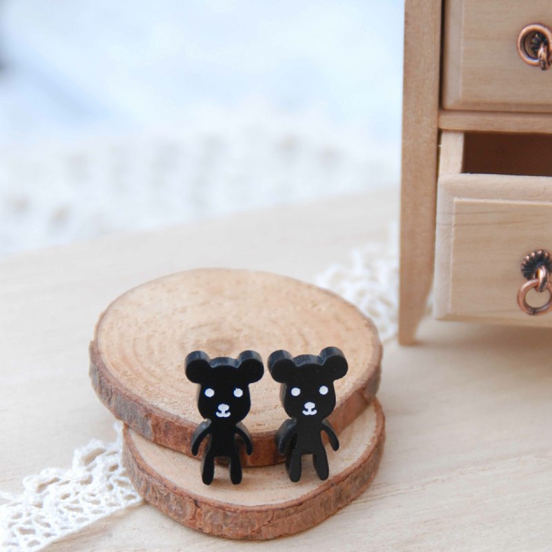 小黑熊/抗过敏钢针/可改夹式 - 耳环/耳夹 - 压克力 黑色