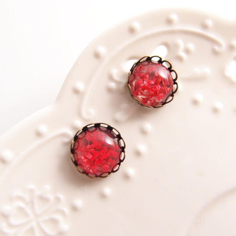 花语森林 【 CA007-1 】  绯红 x 天然干燥花 x 防过敏钢针 / 针式 / 夹式耳环 - 耳环/耳夹 - 其他材质 红色