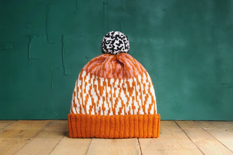 南瓜裂纹 可拆式毛球针织毛帽 - 帽子 - 压克力 橘色