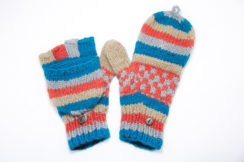 情人节 限量一件针织纯羊毛保暖手套 / 2ways手套 / 露趾手套 / 内刷毛手套 / 针织手套 - 蓝色系方格图纹 - 手套 - 其他材质 多色