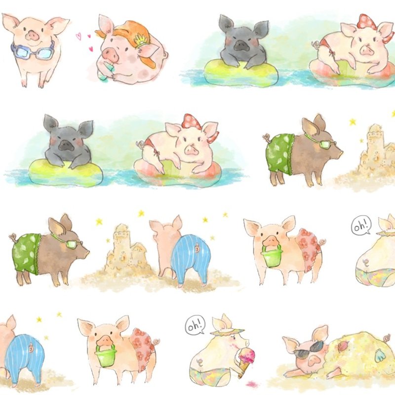 好想去海边 快乐小猪 日本和纸 2cm宽版纸胶带 - 纸胶带 - 纸 白色