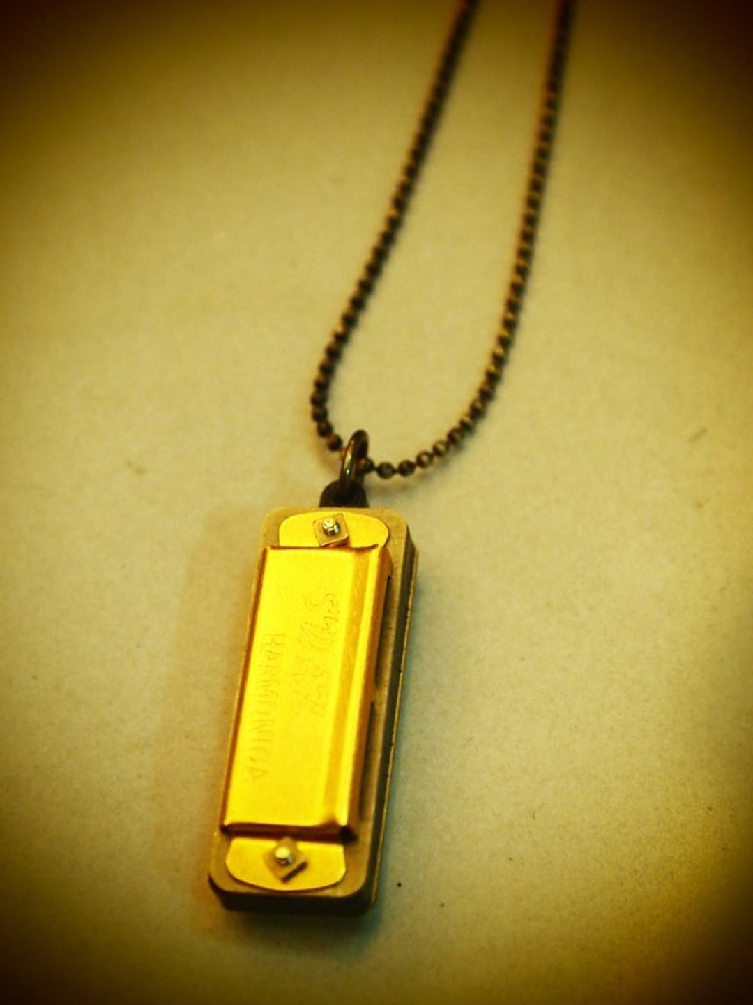 复古迷你小口琴长项链 Mini harmonica 金黄色 ( 细珠链款） - 长链 - 其他材质 黄色
