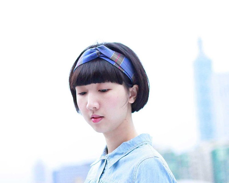 【The MAMA's Closet】松紧交叉发带--格子蓝 - 发饰 - 棉．麻 蓝色