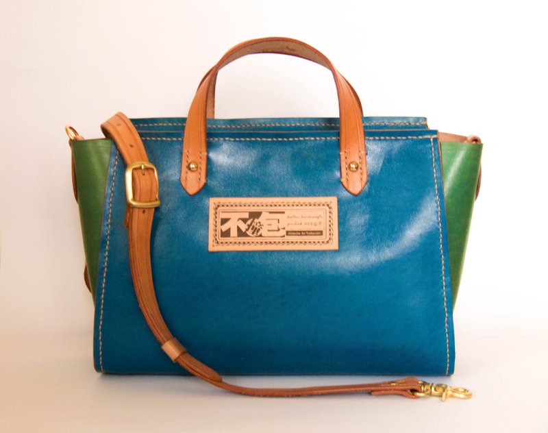 不撞包宝蓝色撞绿色植鞣革全真皮纯手工托特包附木头流苏配饰 - 侧背包/斜挎包 - 真皮 蓝色